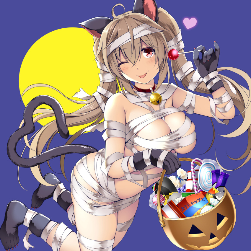 1girl ;p ahoge animal_ears bandages bare_shoulders basket bell black_gloves blush breasts brown_hair candy candy_cane cat_ears cat_tail cleavage collar commentary_request fake_animal_ears fake_tail food gloves hair_between_eyes halloween heart highres holding holding_basket holding_food jingle_bell kantai_collection kuromayu large_breasts lollipop long_hair looking_at_viewer murasame_(kancolle) naked_bandage one_eye_closed pumpkin red_eyes skindentation solo tail tongue tongue_out translated twintails two-tone_background very_long_hair