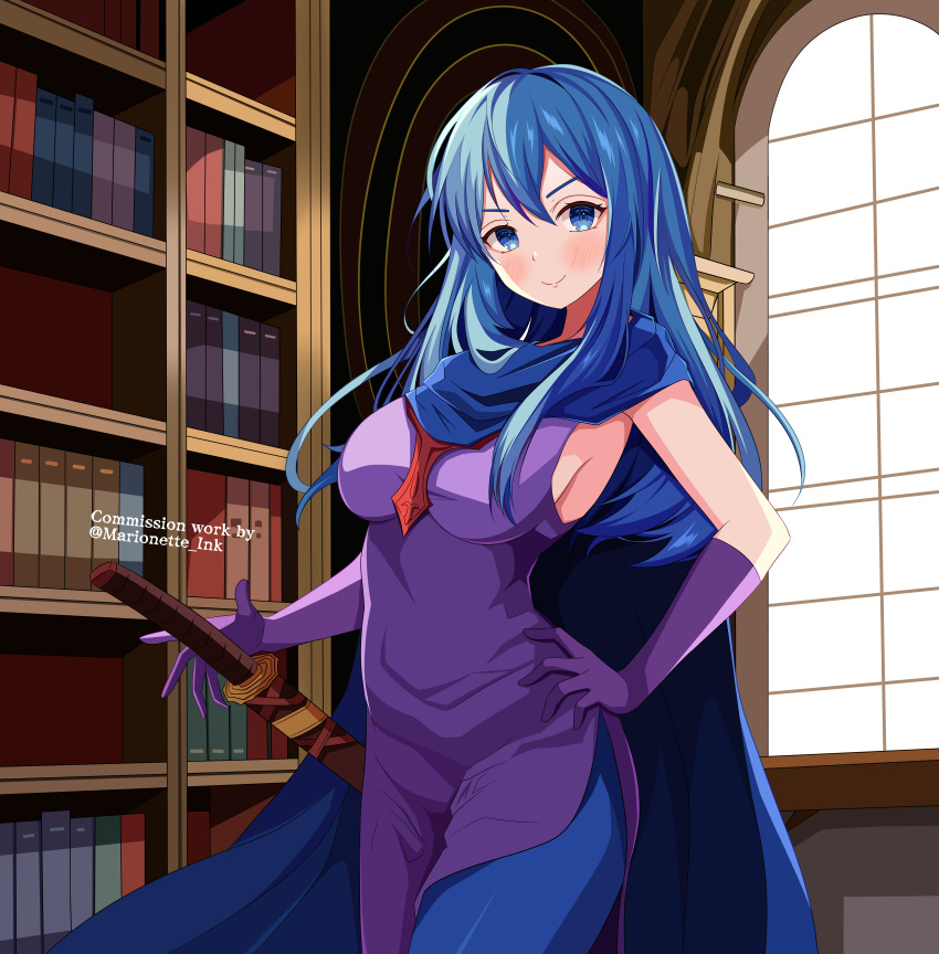 1girl absurdres alternate_costume blue_eyes blue_hair blue_pantyhose blue_scarf blush book bookshelf breasts caeda_(fire_emblem) commission dress fire_emblem fire_emblem:_mystery_of_the_emblem fire_emblem:_shadow_dragon gloves hand_on_hip highres indoors long_hair looking_at_viewer marion_(marionette_ink) medium_breasts pantyhose purple_dress purple_gloves scar scarf sheath sheathed shelf side_slit sideboob smile sword twitter_username weapon