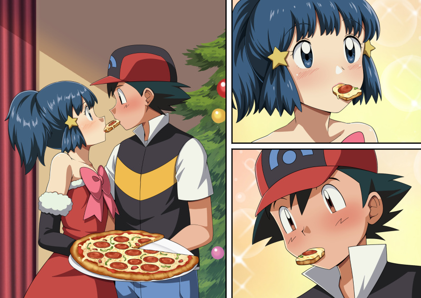 1boy 1girl ash_ketchum baseball_cap black_hair blue_hair blush brown_eyes dawn_(pokemon) detached_sleeves dress food hair_ornament hat high_ponytail highres long_hair pizza pokemon pokemon_(anime) red_dress shared_food short_hair strapless strapless_dress suitenan