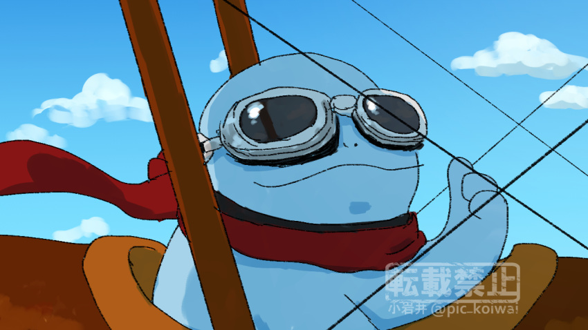 aircraft airplane artist_name biplane blue_sky cloud commentary_request flight_goggles goggles no_humans pic_koiwai pokemon pokemon_(creature) quagsire red_scarf scarf sky solo thumbs_up twitter_username upper_body watermark