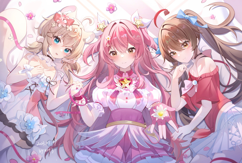 3girls ahoge animal_ears balala_the_fairies black_choker blue_bow blue_eyes blush bow brooch brown_eyes brown_hair character_request choker dress flower hair_bow highres holding_hands jewelry looking_at_viewer miaogujun multiple_girls petals pink_dress pink_hair pink_ribbon red_shirt ribbon shinka_musume shinka_musume_channel shirt star_brooch white_dress