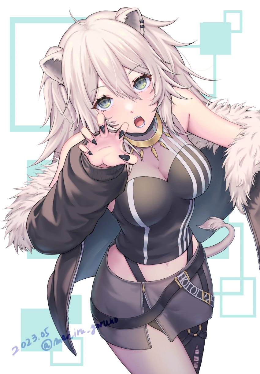 1girl :o ahoge animal_ears black_jacket black_nails black_pantyhose black_shirt breasts claw_pose commentary_request dated double-parted_bangs ear_piercing fingernails fur-trimmed_jacket fur_trim grey_eyes grey_hair grey_skirt hair_between_eyes highleg highleg_panties highres hololive jacket jewelry large_breasts lion_ears lion_tail long_fingernails long_hair looking_at_viewer messy_hair midriff miniskirt nail_polish navel necklace o-ring o-ring_thigh_strap open_mouth panties panty_straps pantyhose piercing see-through see-through_cleavage sharp_fingernails shirt shishiro_botan shishiro_botan_(1st_costume) side_slit sidelocks single_leg_pantyhose skin_tight skirt sleeveless sleeveless_shirt solo tail thigh_strap torn_clothes torn_pantyhose two_side_up underwear virtual_youtuber yoruno_mahiru zipper_skirt