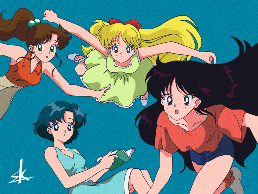 4girls aino_minako bishoujo_senshi_sailor_moon blonde_hair blue_background blue_eyes blue_hair bow brown_hair earrings green_eyes highres hino_rei jewelry kino_makoto mizuno_ami multiple_girls open_mouth purple_hair red_bow simple_background sk_(sk-jp) white_footwear