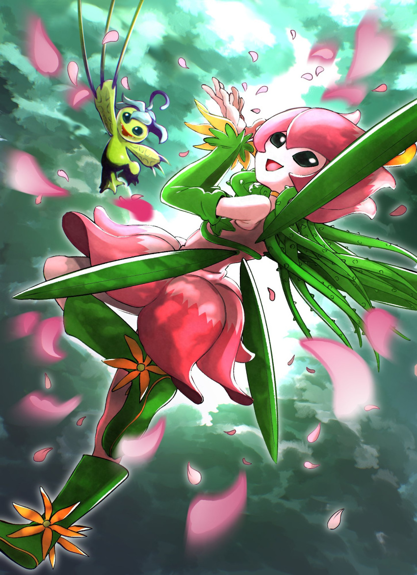 1girl 1other alraumon black_eyes boots detached_sleeves digimon digimon_(creature) dm_pkmn dress fairy falling_petals flower green_footwear green_sleeves hair_vines highres knee_boots leaf_wings lilimon looking_at_viewer monster_girl open_mouth petals pink_dress plant plant_girl plant_monster