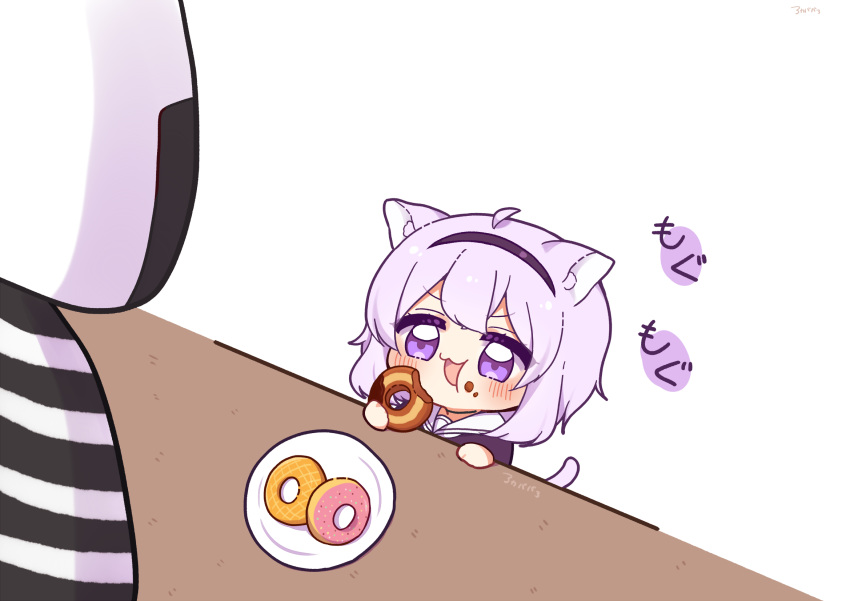 0725akaba 1girl 1other ahoge animal_ear_fluff animal_ears black_hairband black_shirt blush cat_ears cat_girl cat_tail chibi commentary_request doughnut eating food food_on_face hairband highres holding holding_food hololive nekomata_okayu onigirya_(nekomata_okayu) open_mouth prison_clothes purple_eyes purple_hair sailor_collar shirt signature simple_background solo_focus striped_clothes striped_shirt tail translation_request upper_body v-shaped_eyebrows virtual_youtuber white_background white_sailor_collar