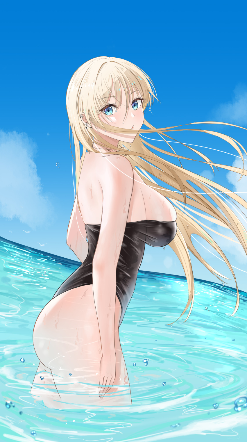 1girl absurdres asayoru azur_lane bare_shoulders bismarck_(azur_lane) bismarck_zwei_(azur_lane) bismarck_zwei_(crystal-clear_holiday)_(azur_lane) black_one-piece_swimsuit blonde_hair blue_eyes breasts casual_one-piece_swimsuit hair_between_eyes highleg highres large_breasts long_hair looking_at_viewer ocean official_alternate_costume one-piece_swimsuit partially_submerged solo strapless strapless_one-piece_swimsuit swimsuit very_long_hair
