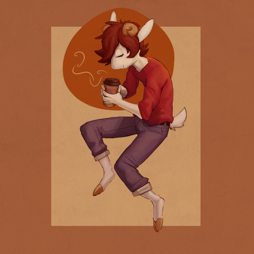 2020 anthro belt beverage blue_bottomwear blue_clothing blue_pants bottomwear bovid brown_cup brown_hair caprine clothed clothing coffee container cup eyes_closed fur goat hair hi_res holding_container holding_cup holding_object horn male mammal milo_(twang) pants red_clothing red_shirt red_topwear shirt short_tail simple_background solo steam tail topwear twang white_body white_fur