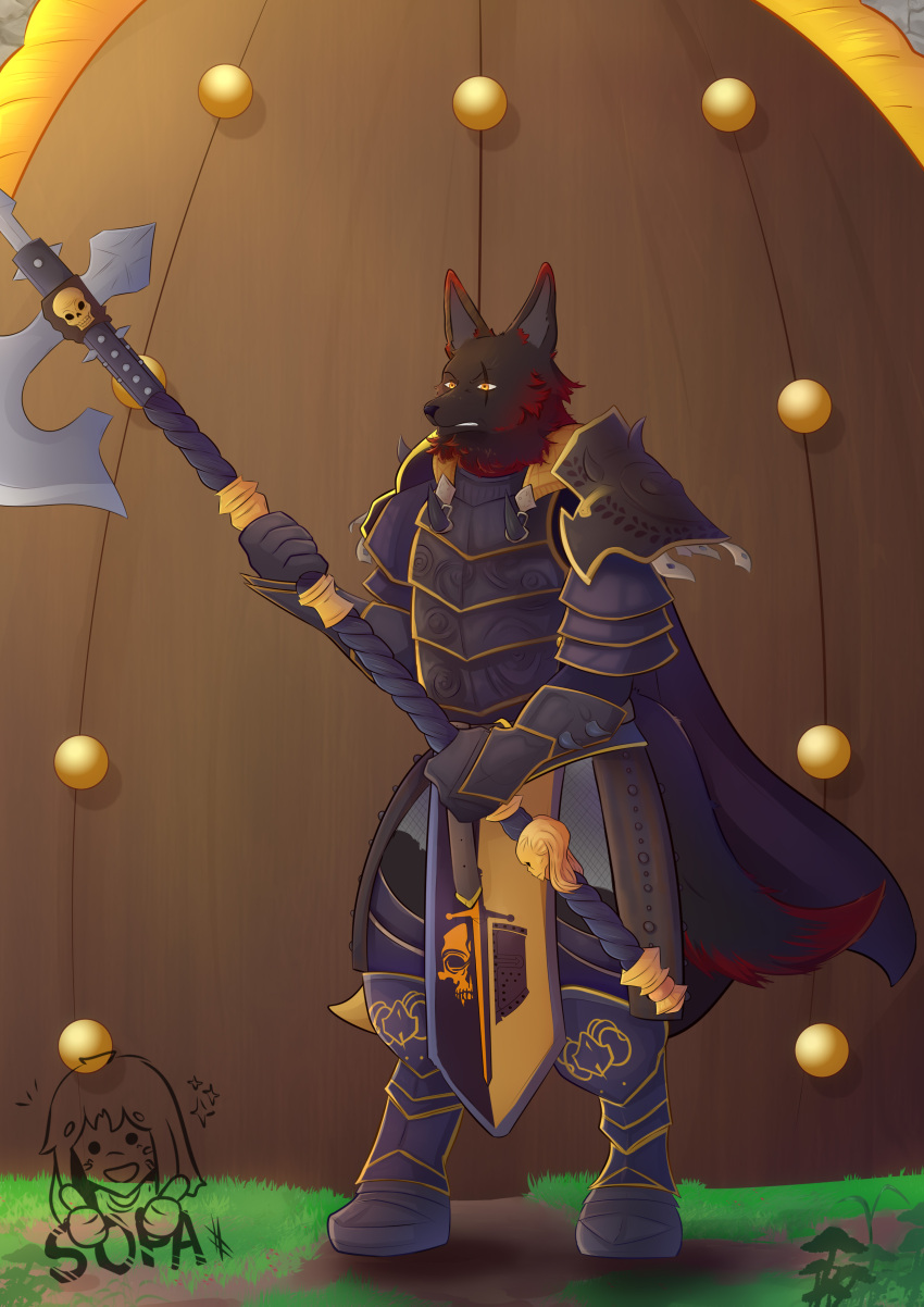 absurd_res afternoon angry anthro armor armor_plates axe black_body black_fur canid canine canis cape castle clothing detailed detailed_background digital_drawing_(artwork) digital_media_(artwork) digital_painting_(artwork) eye_scar facial_scar fur gloves gold_(metal) grass handwear hi_res intimidation knee_pads light male mammal metal orange_eyes plant red_body red_fur scar solo sopa-chan standing sunlight watermark weapon wind wolf wood