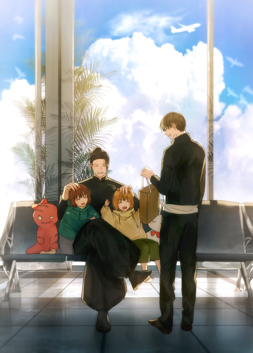 2boys 2girls absurdres bag baggy_pants black_footwear black_hair black_jacket black_pants blonde_hair brown_hair chair closed_eyes doll full_body getou_suguru green_hoodie green_pants grey_pants haibara_yu hair_bun hair_pulled_back highres holding holding_bag hood hood_down hoodie jacket jujutsu_kaisen jujutsu_tech_uniform mimiko_(jujutsu_kaisen) multiple_boys multiple_girls nanako_(jujutsu_kaisen) pants school_uniform shoes sitting yellow_hoodie yoon_(dmsco1803)