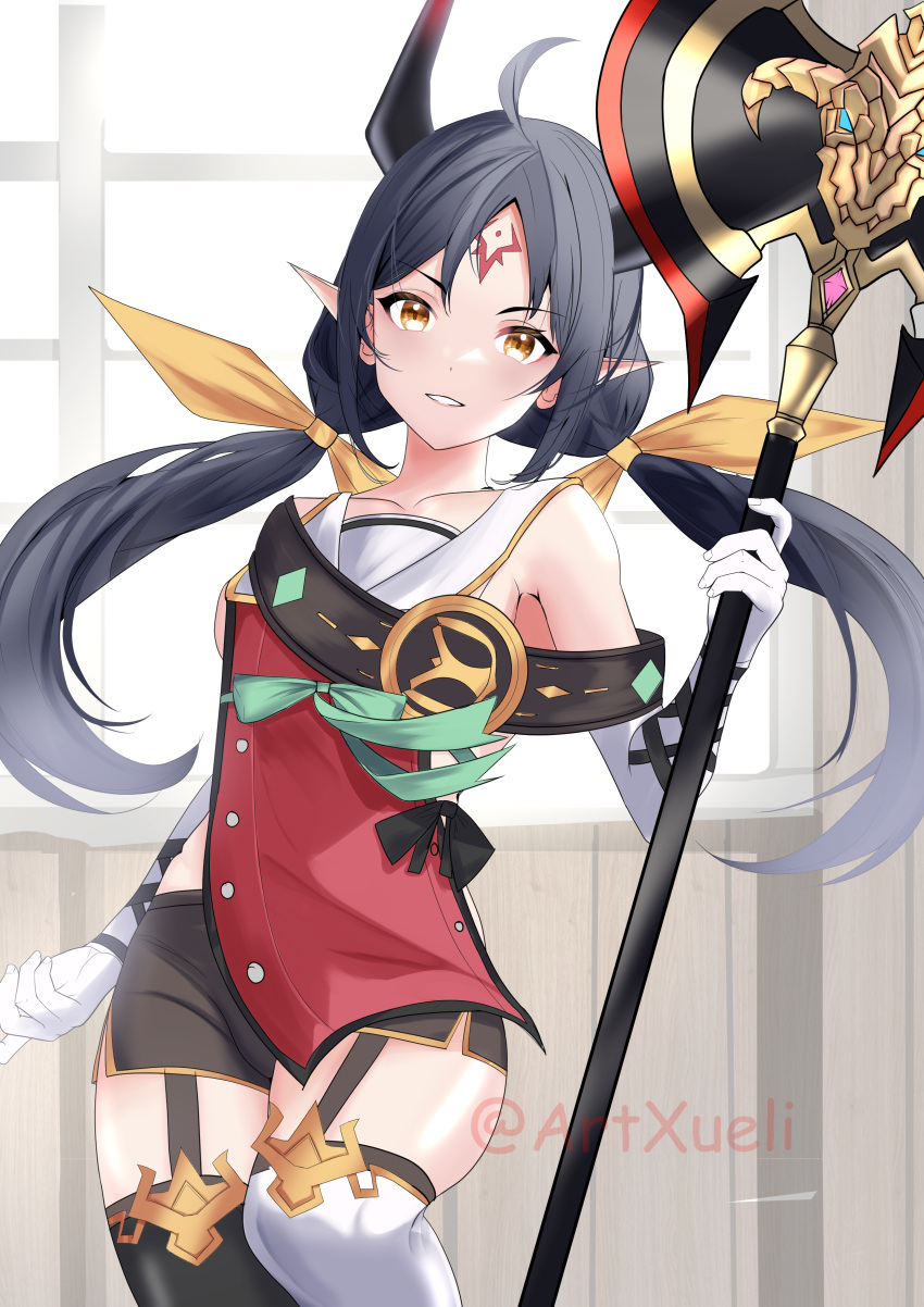 absurdres apocalypse_ravi_(epic_seven) axe epic_seven highres holding holding_axe horns huge_weapon low_twintails pointy_ears ravi thighs twintails weapon xueli_shimazaki