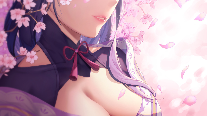 1girl absurdres breasts cherry_blossoms cleavage close-up collarbone genshin_impact highres japanese_clothes kimono large_breasts lips monmo_mu neck open_mouth pink_lips purple_hair purple_kimono raiden_shogun solo