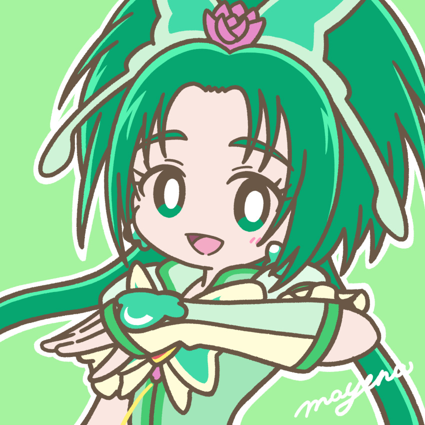 1girl akimoto_komachi blush brooch butterfly_hair_ornament cure_mint eyelashes forehead gloves green_background green_eyes green_hair hair_ornament highres jewelry long_hair looking_at_viewer magical_girl mayena open_mouth outline precure signature simple_background smile twintails upper_body white_outline yes!_precure_5