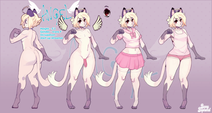 anthro blonde_hair bottomwear butt clothed clothing crossdressing domestic_cat felid feline felis girly hair hi_res legwear male mammal seyferwolf short skirt thigh_highs