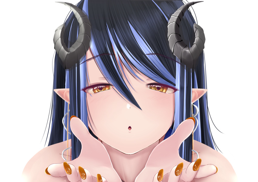 1girl black_hair blue_hair blush brown_eyes brown_nails commentary_request curled_horns dc24v demon_girl demon_horns dot_nose earrings fingernails grey_horns hair_between_eyes hands_up hebiyoi_tier highres horns jewelry long_bangs long_hair looking_at_viewer multicolored_hair nanashi_inc. open_mouth pointy_ears portrait reaching reaching_towards_viewer sidelocks simple_background solo two-tone_hair virtual_youtuber white_background