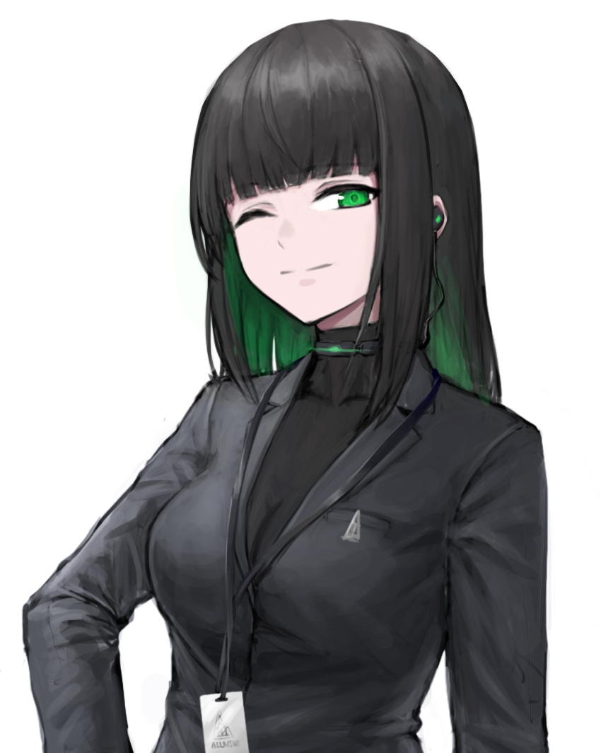 1girl absurdres allmind_(armored_core_6) armored_core armored_core_6 black_hair black_jacket black_shirt black_suit breasts cleavage colored_inner_hair earpiece green_eyes green_hair highres jacket jsli48763 lanyard long_hair looking_at_viewer multicolored_hair one_eye_closed personification shirt solo suit white_background