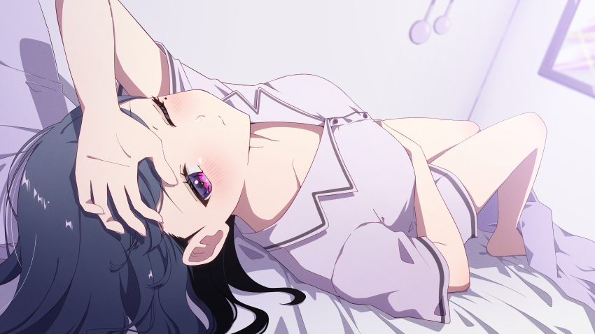 1girl absurdres akashi_(4kc_27) bed black_hair blush breasts collarbone hand_on_own_head head_back highres koshimizu_toru lifting_covers looking_at_viewer lying medium_breasts medium_hair mole mole_under_eye nijisanji on_back on_bed one_eye_closed pajamas purple_eyes purple_pajamas short_sleeves shorts solo virtual_youtuber waking_up