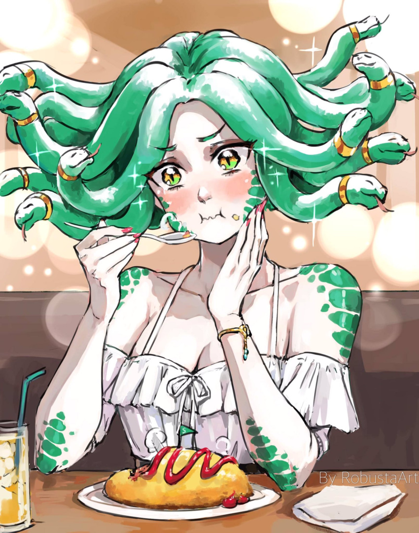 1girl artist_name bare_shoulders blush bracelet breasts cleavage collarbone cup dress drinking_glass drinking_straw eating english_commentary food green_hair highres holding holding_spoon jewelry omelet omurice original red_nails robusta_mania scales sitting slit_pupils snake_hair solo sparkle spoon white_dress