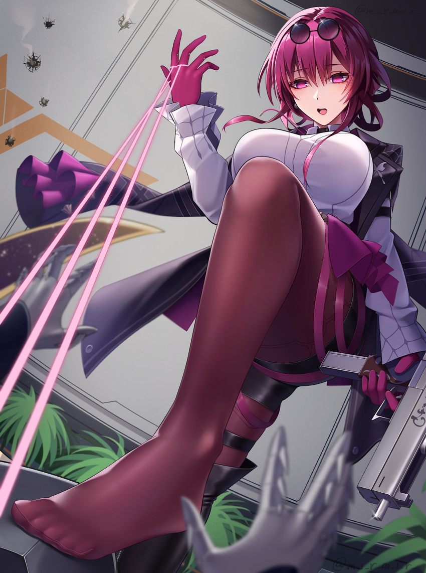 1girl artist_name black_jacket boots breasts collared_shirt eyewear_on_head feet firing gloves gun hair_between_eyes highres holding holding_gun holding_weapon honkai:_star_rail honkai_(series) indoors jacket kafka_(honkai:_star_rail) kutsuda_miru large_breasts long_sleeves looking_down open_mouth pantyhose purple_eyes purple_gloves purple_hair purple_pantyhose round_eyewear shirt single_thigh_boot solo_focus sunglasses teeth thigh_boots thighs toes wall weapon white_shirt