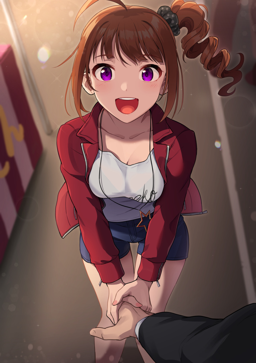 1boy 1girl ahoge breasts breasts_squeezed_together brown_hair chromatic_aberration cleavage collarbone drill_hair highres holding_hands idolmaster idolmaster_million_live! idolmaster_million_live!_theater_days jacket jewelry kamille_(vcx68) lens_flare looking_at_viewer medium_breasts necklace open_clothes open_jacket open_mouth pov pov_hands purple_eyes shirt short_shorts shorts side_drill sidelocks smile star_(symbol) star_necklace swept_bangs thigh_gap white_shirt yokoyama_nao