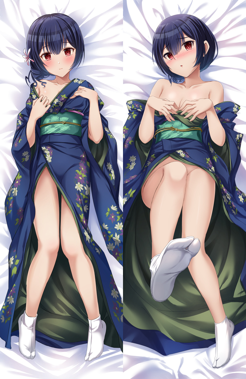 1girl :| absurdres bare_shoulders black_hair blush breasts chestnut_mouth cleavage closed_mouth collarbone commentary_request convenient_leg dakimakura_(medium) floral_print flower full_body hair_flower hair_ornament highres idolmaster idolmaster_shiny_colors japanese_clothes kimono looking_at_viewer lying morino_rinze multiple_views obi on_back red_eyes sash short_hair small_breasts socks tabi takatsuki_p thighhighs undressing white_socks