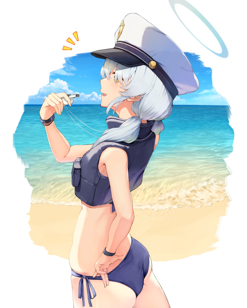 1girl ass beach bikini blue_archive blue_bikini blue_halo breasts commentary cowboy_shot flak_jacket from_side halo hat highres holding holding_whistle jacket long_hair looking_at_viewer looking_to_the_side ocean official_alternate_costume parted_lips peaked_cap petite piisu side-tie_bikini_bottom small_breasts solo swimsuit twintails valkyrie_police_academy_student_(blue_archive) whistle whistle_around_neck white_hair white_headwear yellow_eyes