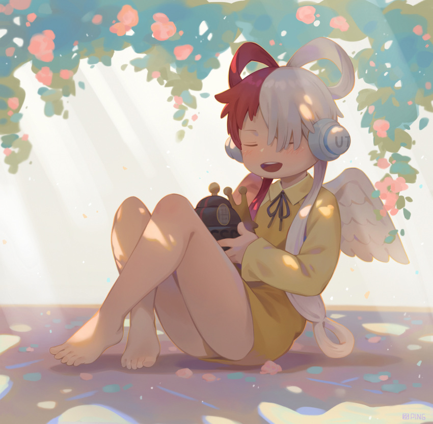 1girl absurdres barefoot behind-the-head_headphones black_ribbon blush closed_eyes den_den_mushi dress hair_over_one_eye hair_rings headphones highres holding light_rays long_hair mismatched_wings multicolored_hair on_floor one_eye_covered one_piece open_mouth plant red_hair ribbon seamonsterping sitting smile solo split-color_hair two-tone_hair uta_(one_piece) white_hair yellow_dress