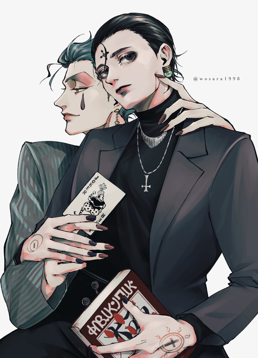 2boys artist_name black_eyes black_hair black_nails black_suit blood blood_on_face blue_hair blue_suit book card chrollo_lucilfer cross cross_necklace cross_tattoo earrings expressionless facepaint facial_mark facial_tattoo forehead_mark forehead_tattoo formal hair_slicked_back highres hisoka_morow holding holding_book hunter_x_hunter inverted_cross jewelry joker_(card) long_sleeves looking_at_viewer looking_to_the_side male_focus multiple_boys nail_polish necklace nen_(hunter_x_hunter) playing_card profile red_nails short_hair simple_background striped_suit suit tattoo teardrop_facial_mark teardrop_tattoo white_background wosara yellow_eyes