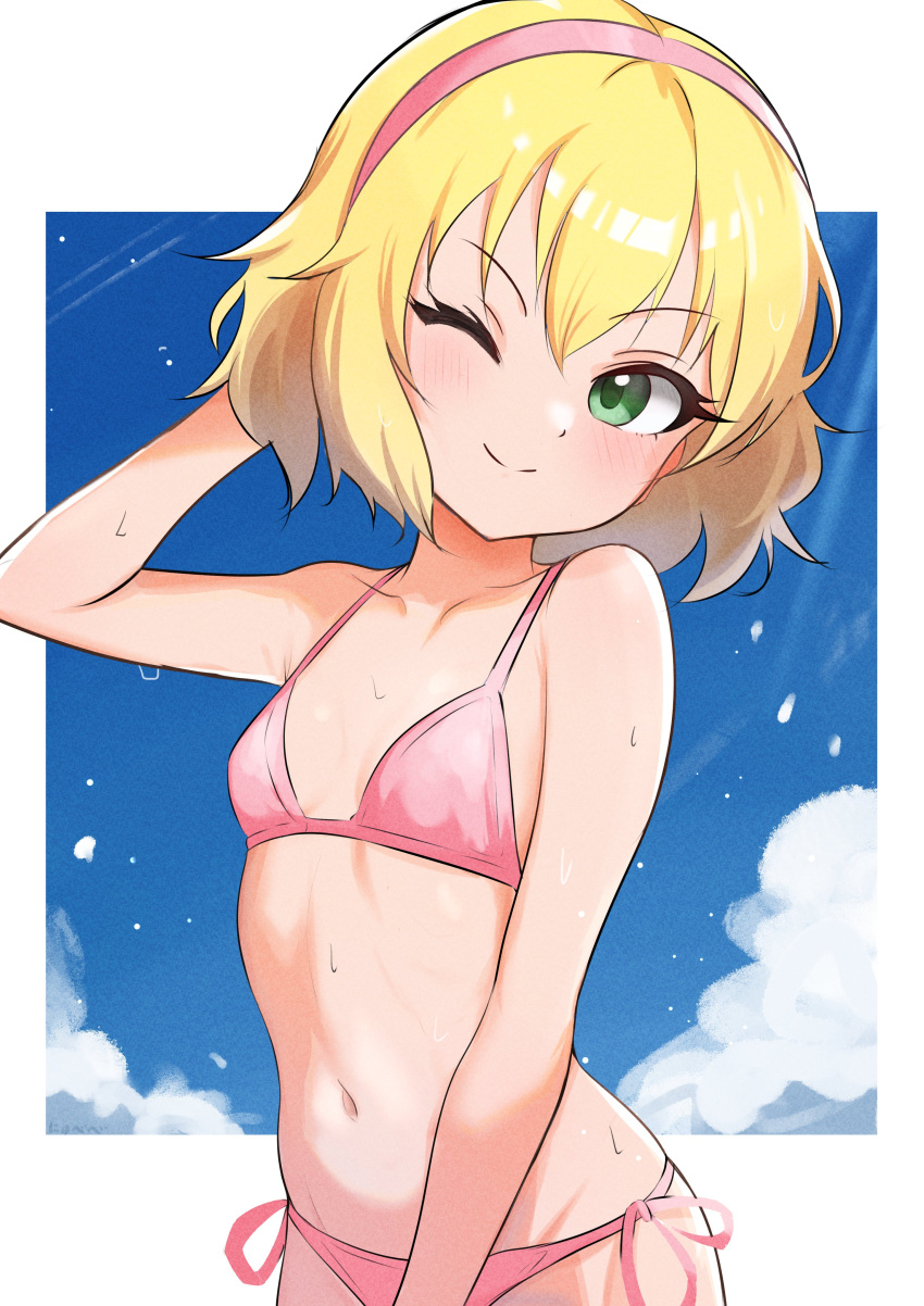 1girl absurdres arms_behind_head bikini blonde_hair blue_sky blush breasts cloud collarbone commentary day green_eyes hair_between_eyes hairband highres idolmaster idolmaster_cinderella_girls looking_at_viewer medium_hair navel nyubebe one_eye_closed pink_bikini pink_hairband sakurai_momoka side-tie_bikini_bottom sidelocks sky small_breasts smile solo stomach swimsuit v-shaped_eyebrows