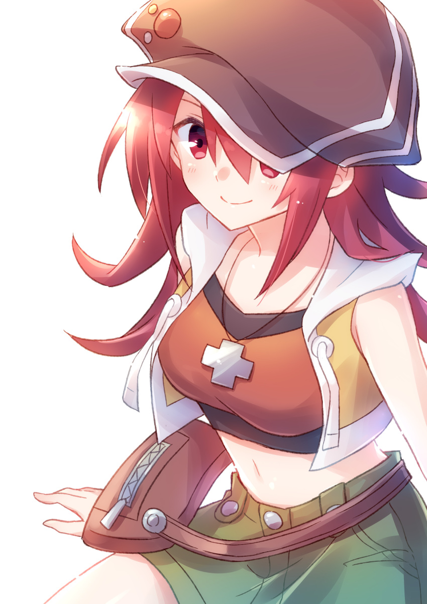 1girl absurdres breasts brown_eyes cabbie_hat closed_mouth crop_top hat highres jewelry long_hair looking_at_viewer midriff miniskirt misaki_shiki navel necklace nyaa_(nnekoron) red_hair simple_background skirt smile solo subarashiki_kono_sekai white_background