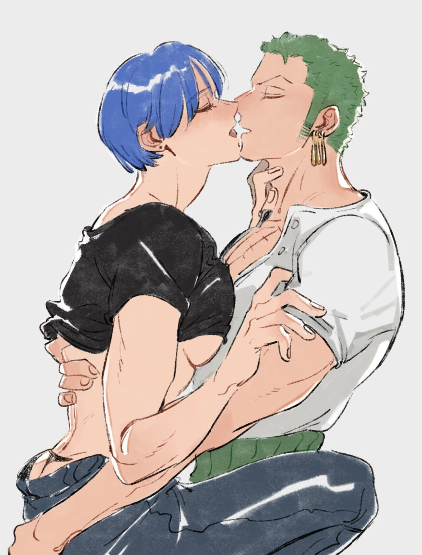 1boy 1girl aged_up alternate_universe black_panties black_shirt blue_hair closed_eyes clothes_lift earrings from_side green_hair hand_on_another's_arm hand_on_another's_back hetero highres jewelry kiss kuina mcbuckwheat one_piece open_mouth panties roronoa_zoro scar scar_on_chest shirt shirt_lift short_hair short_sleeves simple_background single_earring sitting sitting_on_lap sitting_on_person time_paradox underwear white_shirt