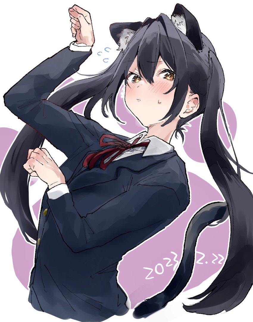 1girl animal_ears arm_above_head black_hair blazer blush brown_eyes cat_ears collared_shirt cropped_torso dated embarrassed flying_sweatdrops hand_up highres jacket k-on! long_hair nakano_azusa paw_print red_ribbon ribbon sakuragaoka_high_school_uniform school_uniform shirt solo sweatdrop twintails white_background yamakonbu