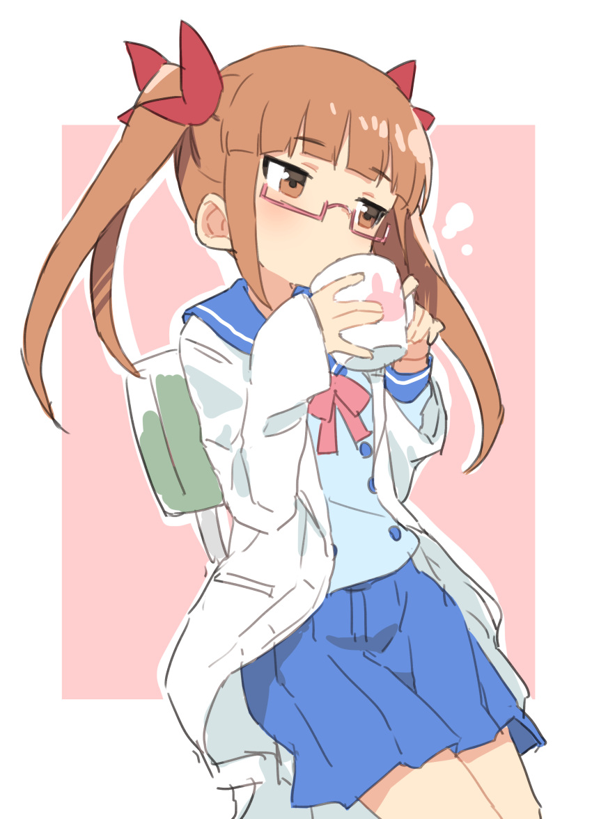 1girl absurdres blue_sailor_collar blue_shirt blue_skirt blunt_bangs blush bow bowtie brown_eyes brown_hair chair coat cup drinking gazacy_(dai) glasses grid_background hair_bow hair_ribbon hands_up highres holding holding_cup idolmaster idolmaster_cinderella_girls idolmaster_cinderella_girls_starlight_stage ikebukuro_akiha lab_coat long_hair long_sleeves looking_at_another open_clothes open_coat pink-framed_eyewear pleated_skirt red_bow red_bowtie red_ribbon ribbon sailor_collar school_uniform semi-rimless_eyewear serafuku shirt sitting skirt sleeves_past_wrists solo twintails two-tone_background under-rim_eyewear