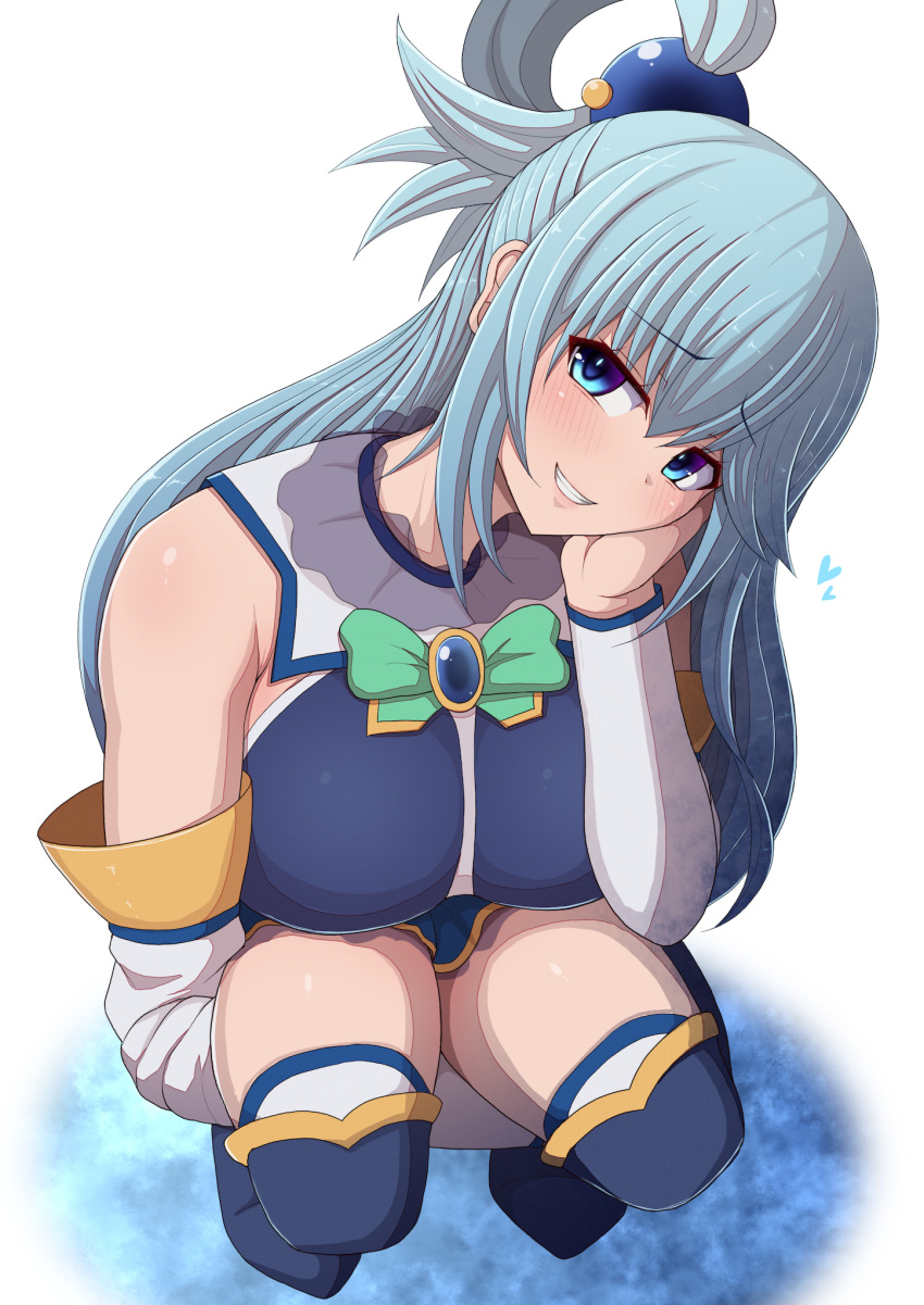 1girl aqua_(konosuba) bare_shoulders blue_eyes blue_hair blush breasts cleavage hair_between_eyes highres kneeling kono_subarashii_sekai_ni_shukufuku_wo! large_breasts long_hair long_sleeves looking_at_viewer miniskirt ponponmaru ponytail skirt sleeves_past_elbows smile solo_focus thick_thighs thighhighs thighs white_sleeves wide_hips