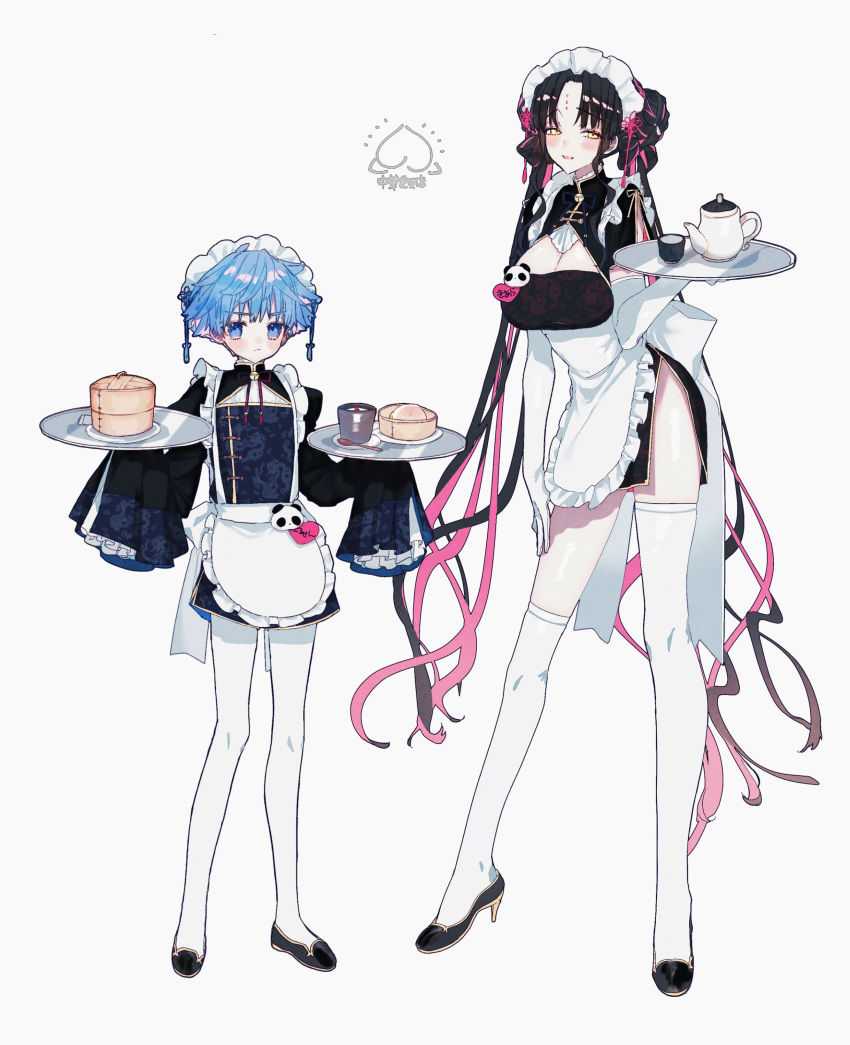 1boy 1girl absurdres alternate_costume apron black_dress black_footwear black_hair blue_eyes blue_hair blush breasts china_dress chinese_clothes cleavage closed_mouth crossdressing cup dress elbow_gloves enmaided facial_mark fate/extra fate/extra_ccc fate/grand_order fate_(series) forehead_tattoo frilled_apron frills full_body gloves grey_background hans_christian_andersen_(fate) high_heels highres holding holding_tray large_breasts long_hair looking_at_viewer maid maid_apron maid_headdress multicolored_hair name_tag otoko_no_ko pantyhose parted_bangs pink_hair pith_u qi_maid revision sesshouin_kiara short_hair side_slit sidelocks simple_background sleeves_past_fingers sleeves_past_wrists smile standing streaked_hair teacup teapot thighhighs translated tray twintails very_long_hair white_apron white_gloves white_headwear white_pantyhose white_thighhighs wide_sleeves yellow_eyes