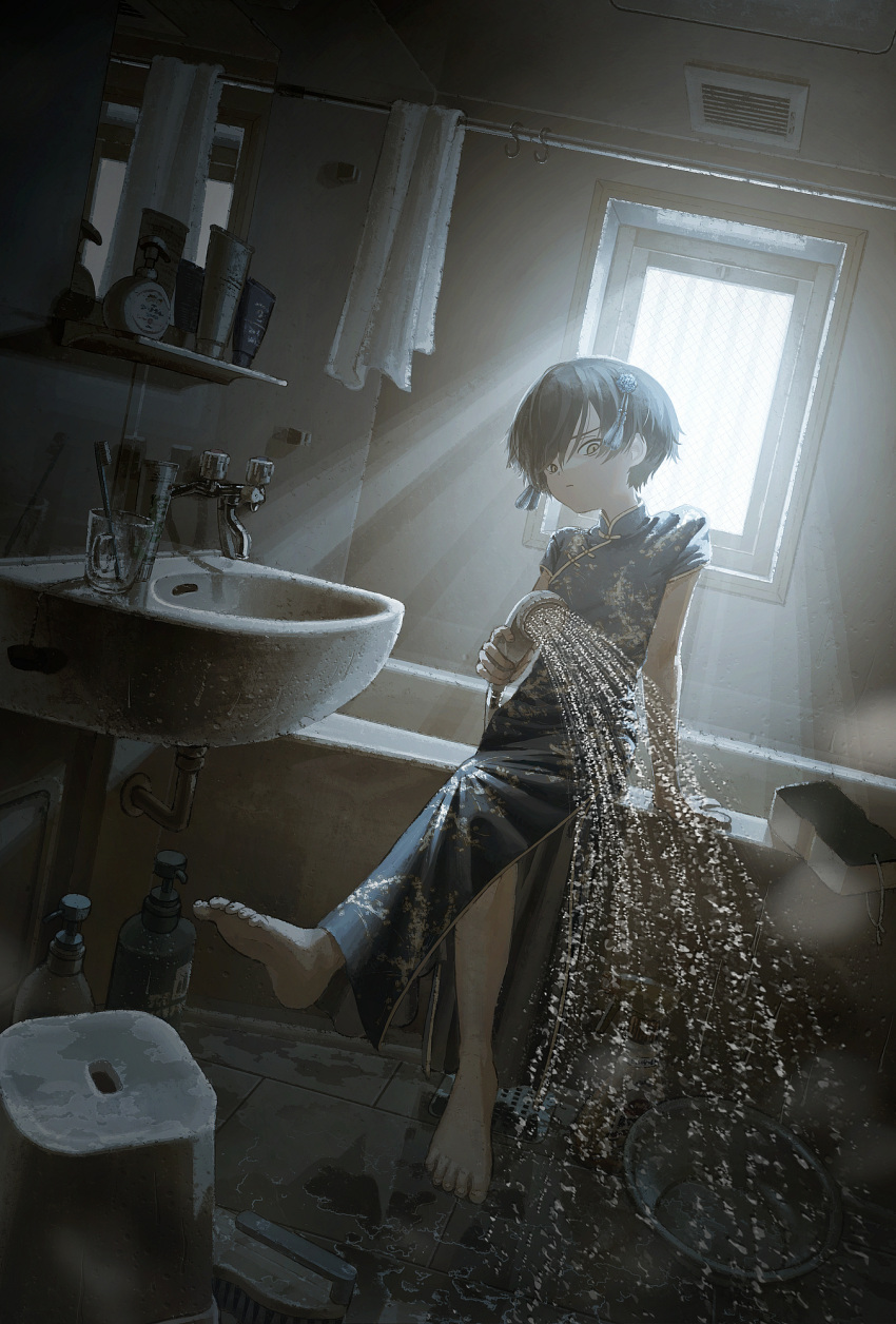 1boy backlighting bare_legs barefoot bathtub black_hair china_dress chinese_clothes crossdressing crossed_legs cup dress hair_ornament highres indoors original otoko_no_ko sasakure_(mogunonbi) shadow short_hair short_sleeves shower_head sink sitting spraying toothbrush water wide_shot window