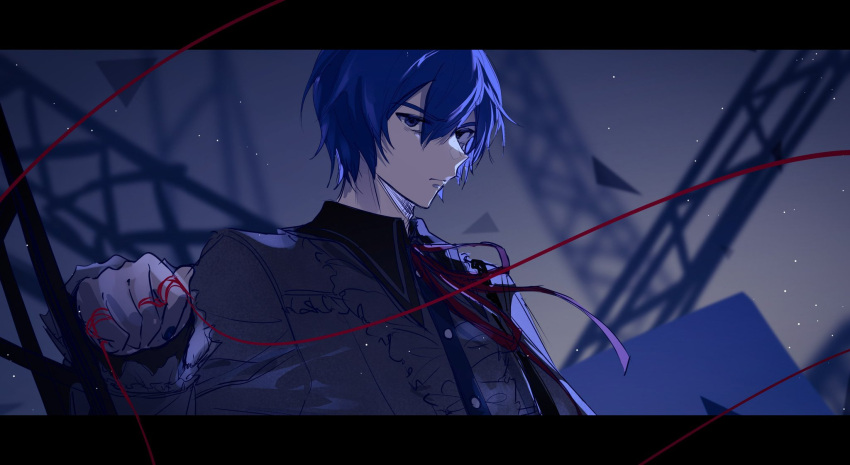 1boy 25-ji_kaito 25-ji_nightcord_de._(project_sekai) blue_eyes blue_hair blurry blurry_background buttons closed_mouth collared_shirt commentary_request dark_blue_hair fingernails hair_between_eyes highres holding holding_string kaito_(vocaloid) long_sleeves looking_at_viewer male_focus nail_polish neck_ribbon parang_99 project_sekai red_ribbon ribbon shirt short_hair solo string upper_body vocaloid