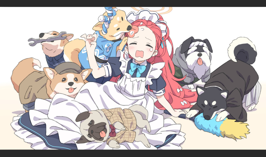 1girl absurdres animal apron black_dress blue_archive blush closed_eyes dog dress duster frilled_apron frilled_dress frills halo highres laika_(sputnik2nd) long_hair maid maid_apron maid_headdress official_alternate_costume open_mouth puffy_short_sleeves puffy_sleeves red_hair short_sleeves solo white_apron wrench yellow_halo yuzu_(blue_archive) yuzu_(maid)_(blue_archive)