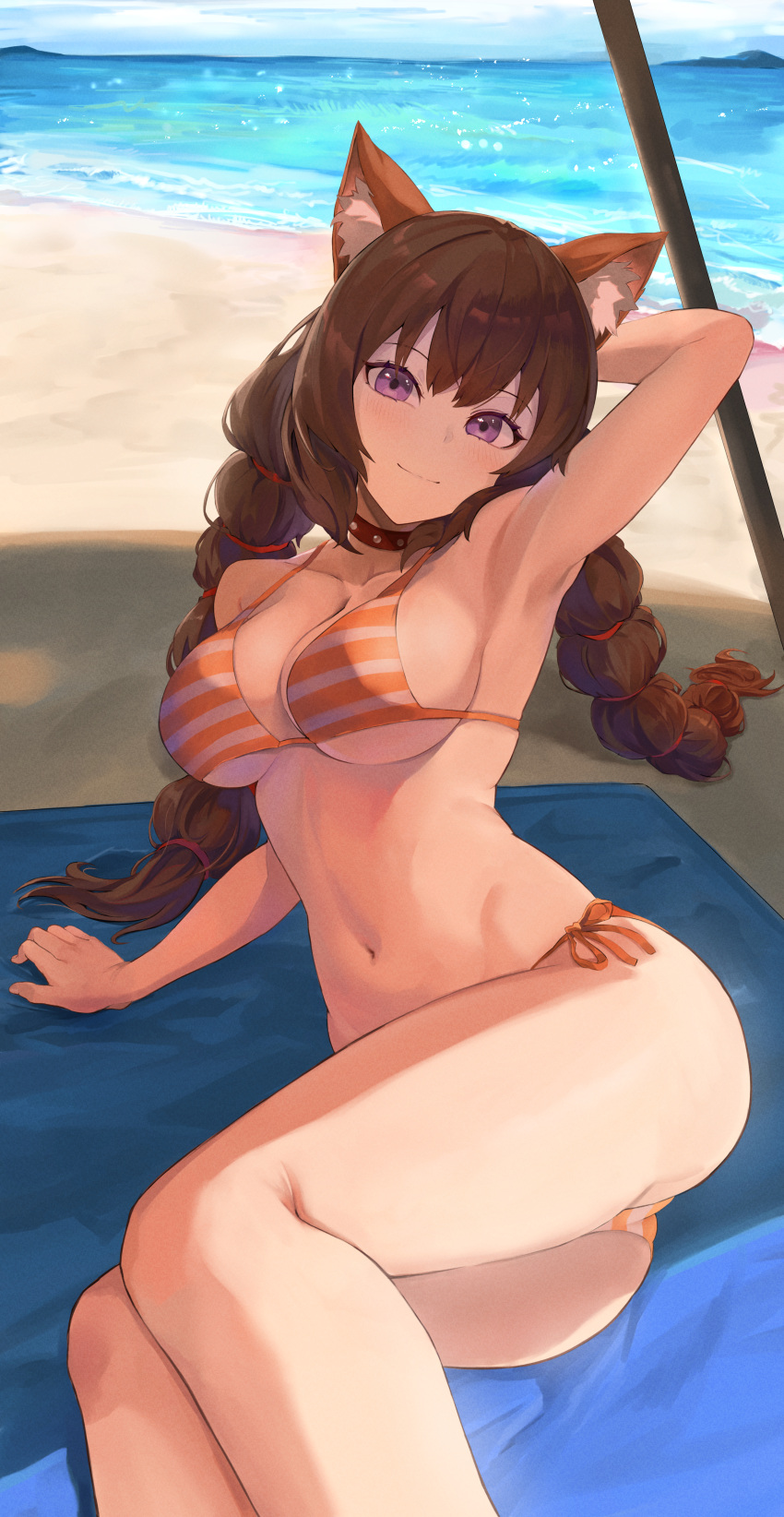 1girl absurdres animal_ears arm_behind_head arm_support arm_up armpits ass bare_arms bare_legs bare_shoulders beach beach_towel bikini breasts brown_hair closed_mouth collar commission day feet_out_of_frame hair_between_eyes head_tilt highres horizon large_breasts legs_together light_blush long_hair looking_at_viewer low_twintails lying navel ocean omeletricetaro3 on_ground on_side orange_bikini original outdoors parasol purple_eyes red_collar shade side-tie_bikini_bottom smile solo stomach string_bikini striped striped_bikini swimsuit towel twintails umbrella