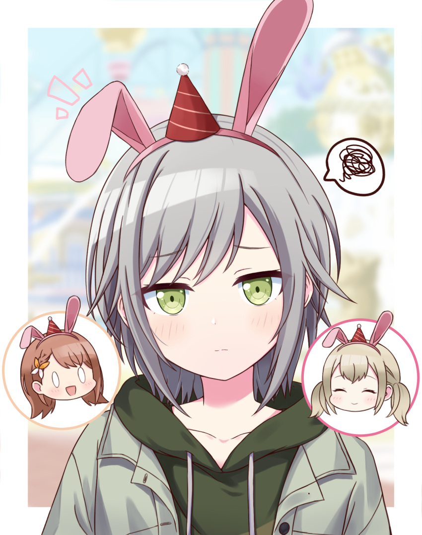 0_0 3girls animal_ears azusawa_kohane blurry blurry_background blush border chibi chibi_inset closed_mouth collarbone dot_nose drawstring fake_animal_ears flower furrowed_brow green_eyes green_hoodie grey_hair grey_jacket hair_flower hair_ornament hairband hanasato_minori highres hinomori_shiho hood hood_down hoodie ixia_(ixia424) jacket looking_at_viewer looking_down medium_hair mini_party_hat multiple_girls notice_lines open_clothes open_jacket open_mouth outside_border pink_hairband project_sekai rabbit_ears sidelocks smile spoken_squiggle squiggle swept_bangs upper_body white_border wispy_bangs