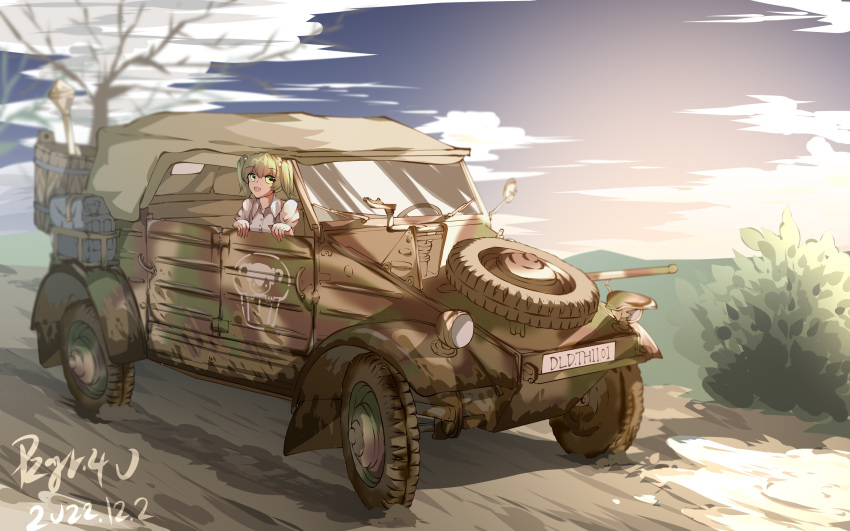 1girl absurdres bare_tree blurry blurry_background bush car chinese_commentary cloud commentary_request dated full_body green_hair highres kisume military_vehicle motor_vehicle outdoors pzgr.40 short_hair signature solo touhou tree vehicle_request wide_shot