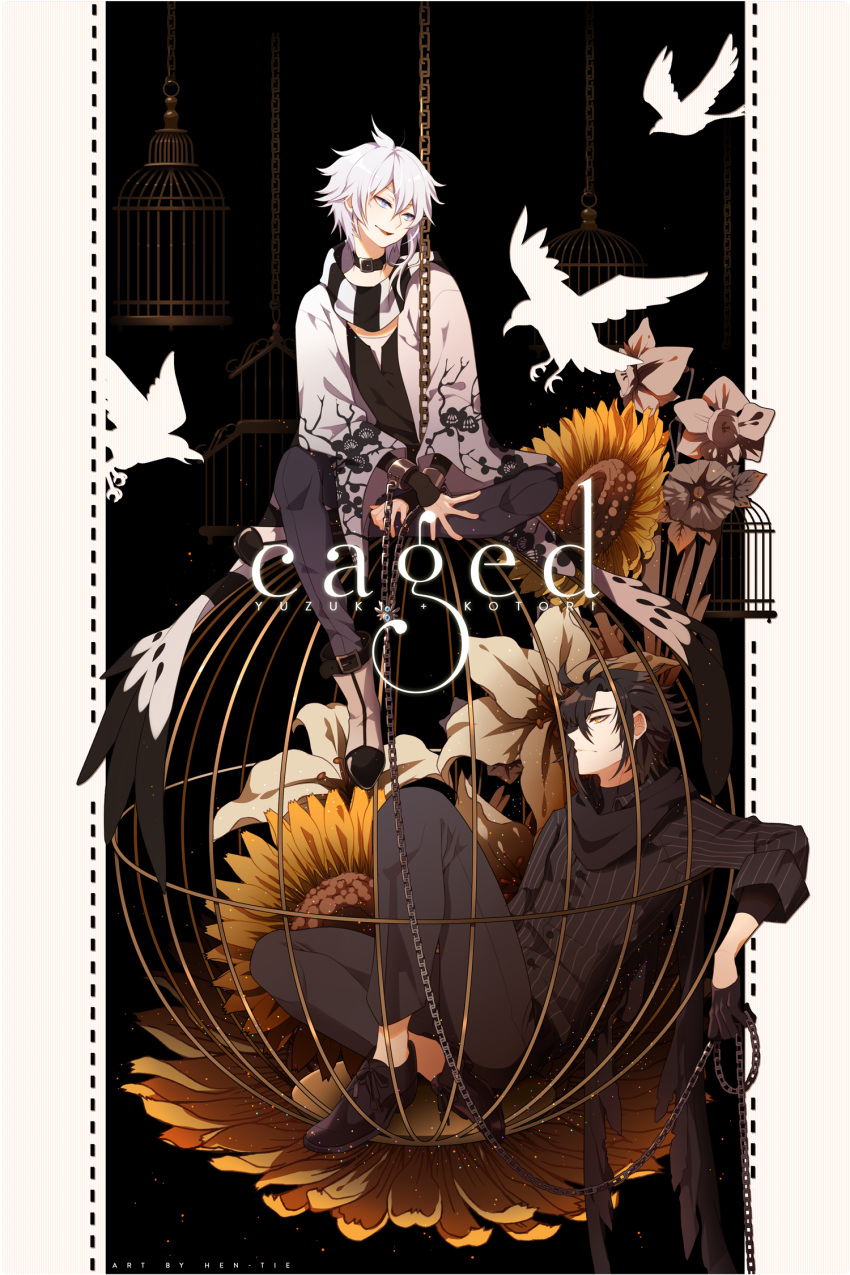 2boys belt belt_buckle bird birdcage bishounen black_background black_belt black_collar black_footwear black_gloves black_hair black_scarf black_shirt blue_eyes blue_pants boots border borrowed_character buckle cage chain closed_mouth collar crossover cuffs daffodil english_commentary english_text floral_print flower from_side frown gloves grey_pants half_gloves head_tilt hen-tie highres holding holding_chain jacket layered_sleeves leaf lily_(flower) long_sleeves looking_at_another male_focus multiple_boys open_clothes open_jacket open_mouth original pants puffy_pants scarf shackles shirt shoes short_hair sitting sleeves_past_wrists smile spiked_hair striped striped_shirt sunflower two-tone_scarf vertical-striped_shirt vertical_stripes white_border white_flower white_footwear white_hair white_jacket white_scarf wide_sleeves yaoi yellow_eyes yellow_flower