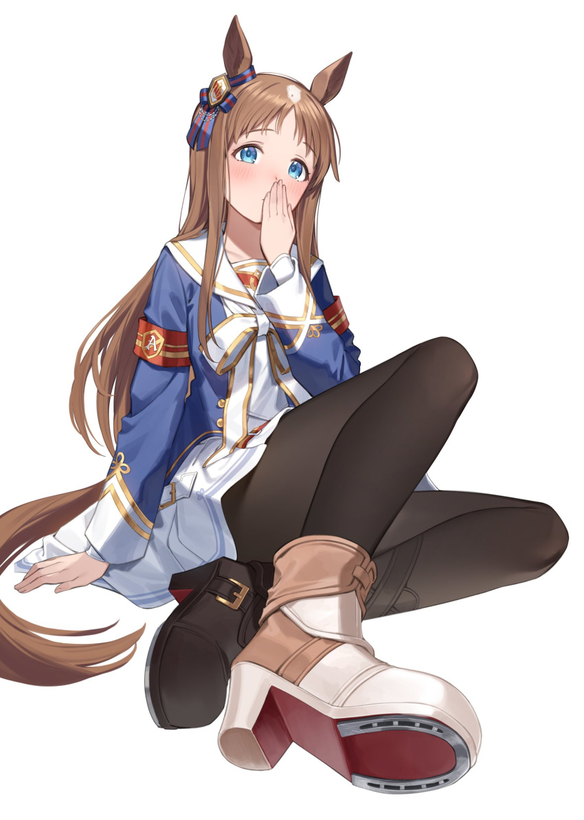 1girl absurdres animal_ears asymmetrical_footwear black_footwear black_pantyhose blue_eyes blue_shirt blush boots bow brown_hair commentary_request covering_mouth grass_wonder_(umamusume) high_heel_boots high_heels highres horse_ears horse_girl horse_tail horseshoe long_hair long_sleeves looking_at_viewer mismatched_footwear nyum on_ground pantyhose shirt simple_background solo tail umamusume very_long_hair white_background white_bow white_footwear white_shirt