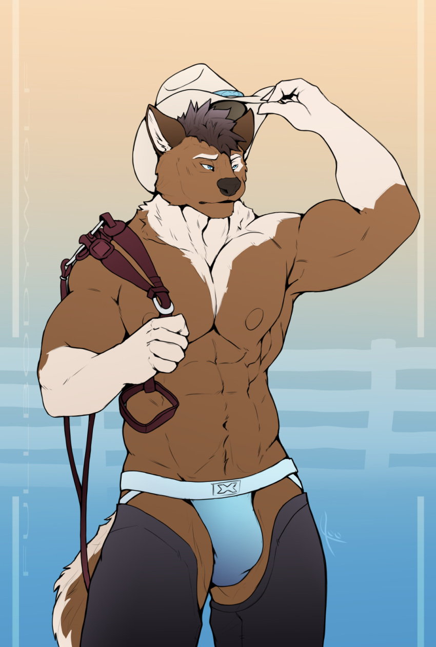 abs anthro canid canine canis chaps clothing cowboy cowboy_hat domestic_dog fullbodywolf hat headgear headwear hi_res hybrid jockstrap kodi_kirkwood male mammal muscular underwear wolf wolfdog