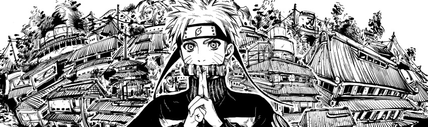 1boy absurdres building forehead_protector greyscale hands_up headband highres jacket konohagakure_symbol long_sleeves looking_at_viewer male_focus monochrome mouth_hold my_nameisyoon naruto_(series) naruto_shippuuden own_hands_together power_lines scroll short_hair solo utility_pole uzumaki_naruto v-shaped_eyebrows