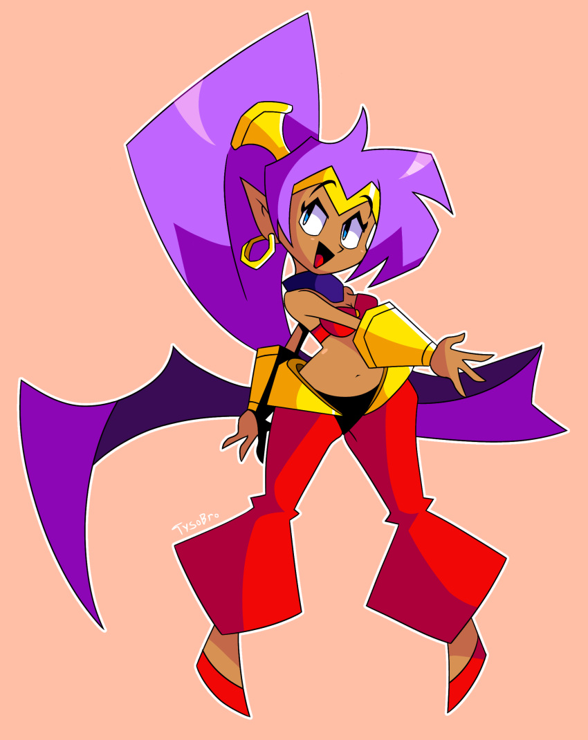 2022 absurd_res breasts clothing ear_piercing ear_ring female footwear genie hair hi_res humanoid humanoid_pointy_ears long_hair not_furry open_mouth open_smile piercing ponytail purple_hair ring_piercing shantae shantae_(series) signature simple_background smile solo tyso_art wayforward