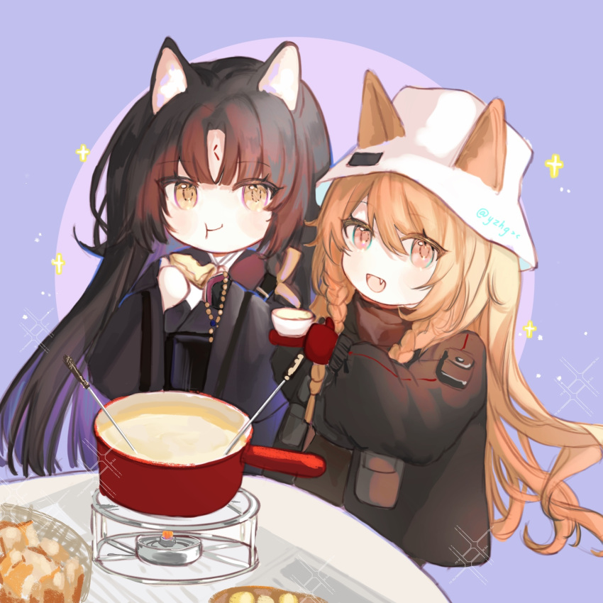 2girls :t animal_ears arknights azhenhgu black_hair black_jacket black_kimono blush bowl braid ceobe_(arknights) ceobe_(unfettered)_(arknights) chinese_commentary closed_mouth commentary_request cooking_pot dog_ears ears_through_headwear eating facial_mark fang food forehead_mark hair_between_eyes highres holding holding_bowl jacket japanese_clothes kimono long_hair multiple_girls official_alternate_costume open_mouth orange_eyes orange_hair portable_stove saga_(arknights) soup twin_braids white_headwear