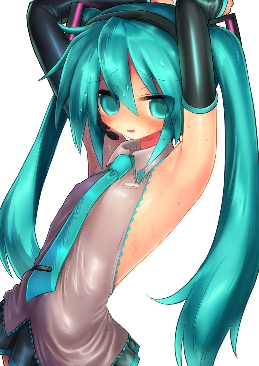 1girl aqua_eyes aqua_hair armpits arms_up blush covered_nipples detached_sleeves hatsune_miku headset highres kyuusui_gakari necktie sleeveless solo sweat twintails vocaloid white_background