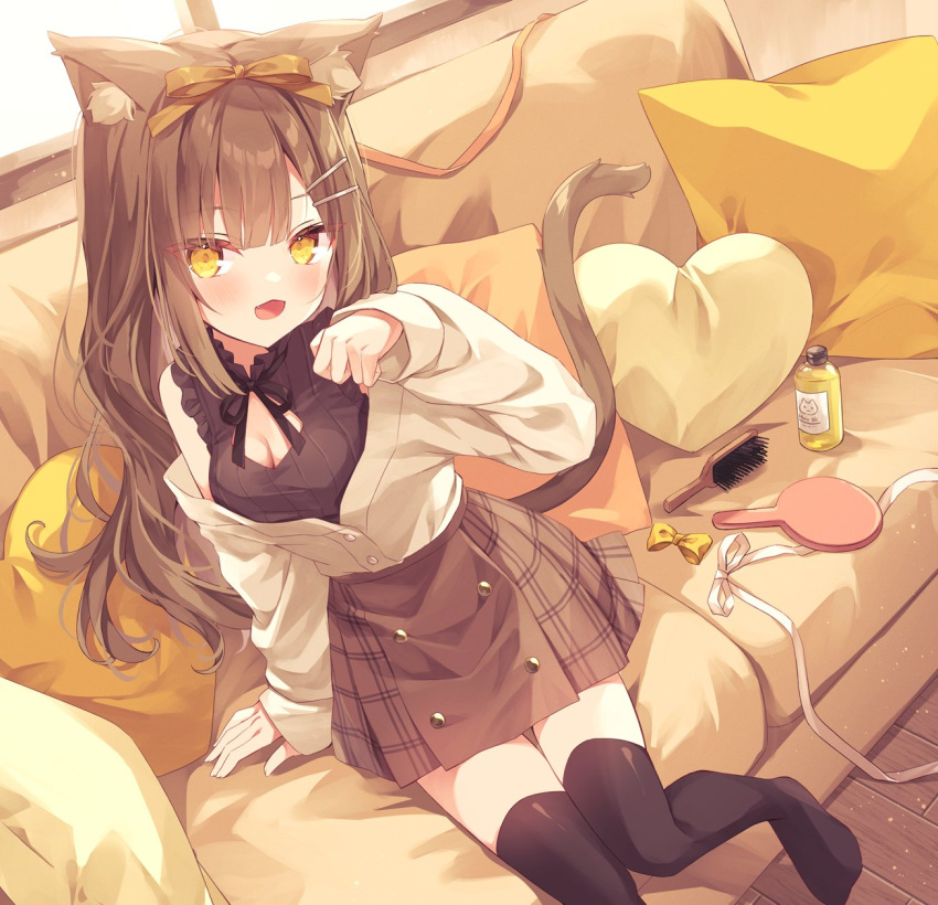 1girl :d animal_ears black_thighhighs blush bow breasts brown_bow brown_hair brown_shirt brown_skirt cat_ears cat_girl cat_tail cleavage cleavage_cutout clothing_cutout commentary_request couch hair_bow hair_brush hair_ornament hairclip hand_mirror hand_up heart heart_pillow highres hoshi_(snacherubi) indoors jacket long_hair long_sleeves looking_at_viewer medium_breasts mirror on_couch original paw_pose pillow plaid plaid_skirt puffy_long_sleeves puffy_sleeves shirt skirt sleeveless sleeveless_shirt sleeves_past_wrists smile solo tail thighhighs very_long_hair white_jacket yellow_eyes