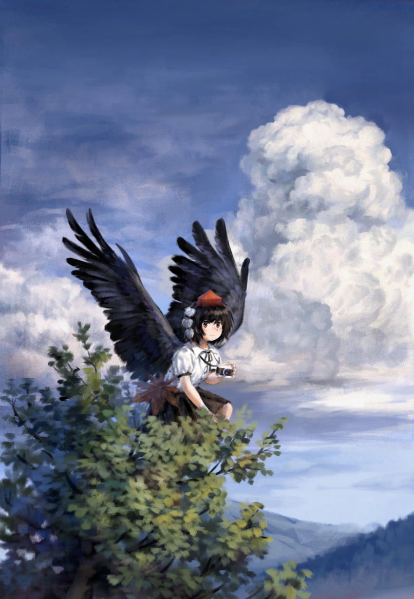 1girl bird_wings black_hair black_skirt black_wings camera closed_mouth cloud collared_shirt cumulonimbus_cloud day feathered_wings hat hauchiwa highres holding holding_camera looking_at_viewer outdoors pom_pom_(clothes) red_eyes red_headwear satellitedragon shameimaru_aya shirt short_hair short_sleeves skirt smile solo tokin_hat touhou tree white_shirt wings