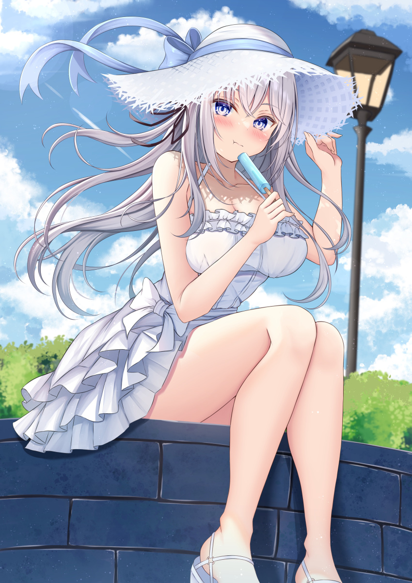 1girl absurdres bare_arms blue_sky blush breasts brick_wall cleavage closed_mouth cloud collarbone crossed_bangs day dress eating floating_hair food grey_hair hair_between_eyes hair_ribbon hand_on_headwear hanonokusa hat hat_ribbon highres holding holding_food holding_popsicle lamppost large_breasts long_hair looking_at_viewer original outdoors popsicle purple_eyes ribbon sandals sidelocks sitting sky solo sun_hat sundress thighs white_dress white_footwear